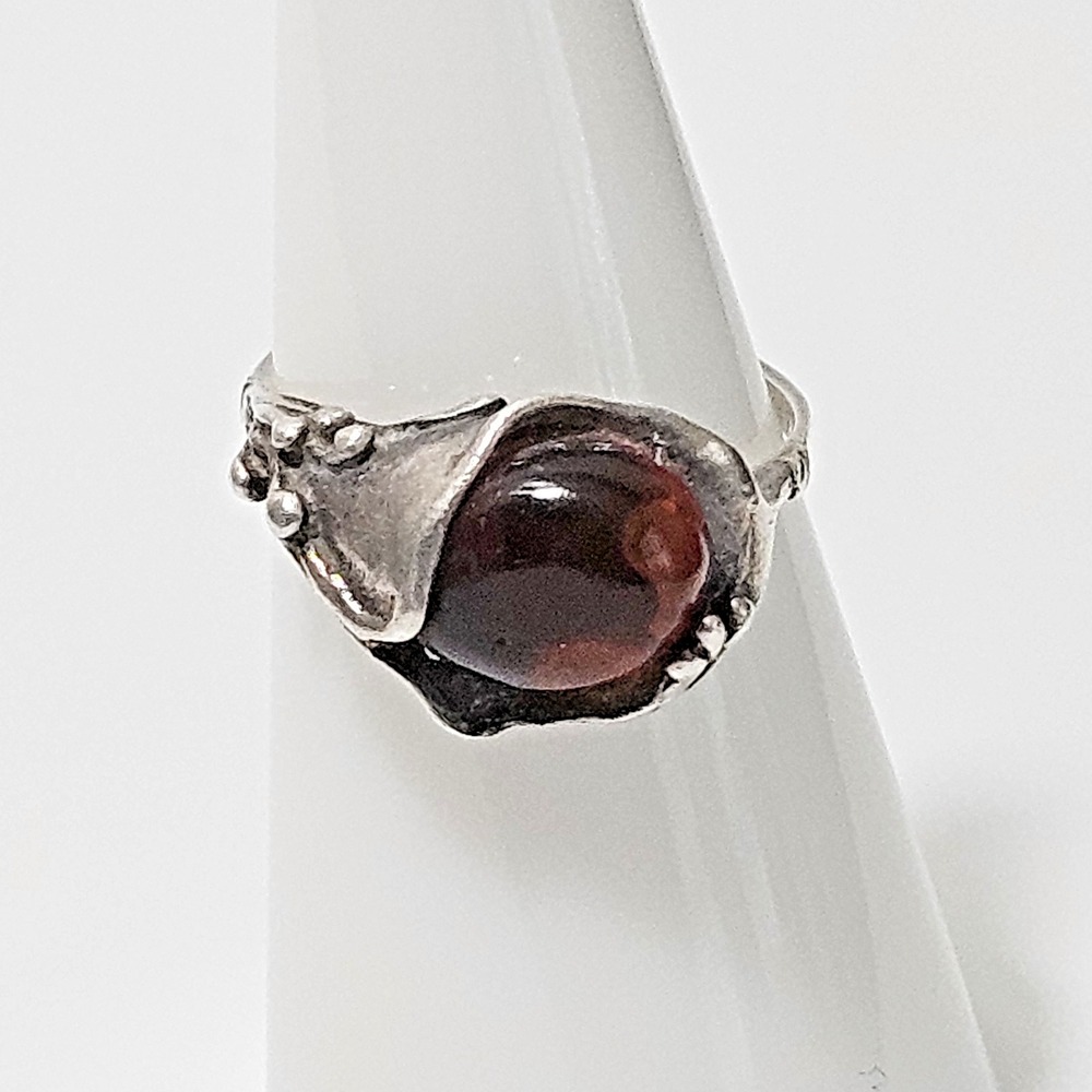 Vintage Sterling Silver Amber Ring Floral Artisan Unique Size 6.5